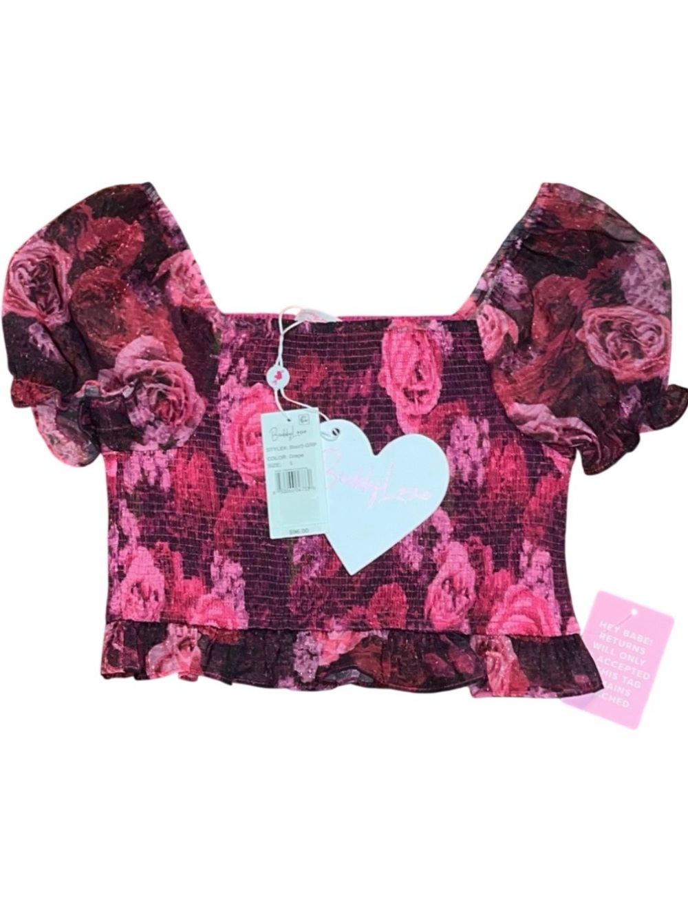 Buddy Love Purple Pink Rose Smocked Crop Puff Sleeve Top Ruffle NWT Small